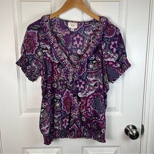 eci New York Multi Purple & Gray Blouse Elastic Waist Hem Ruffles Women’s Size 8